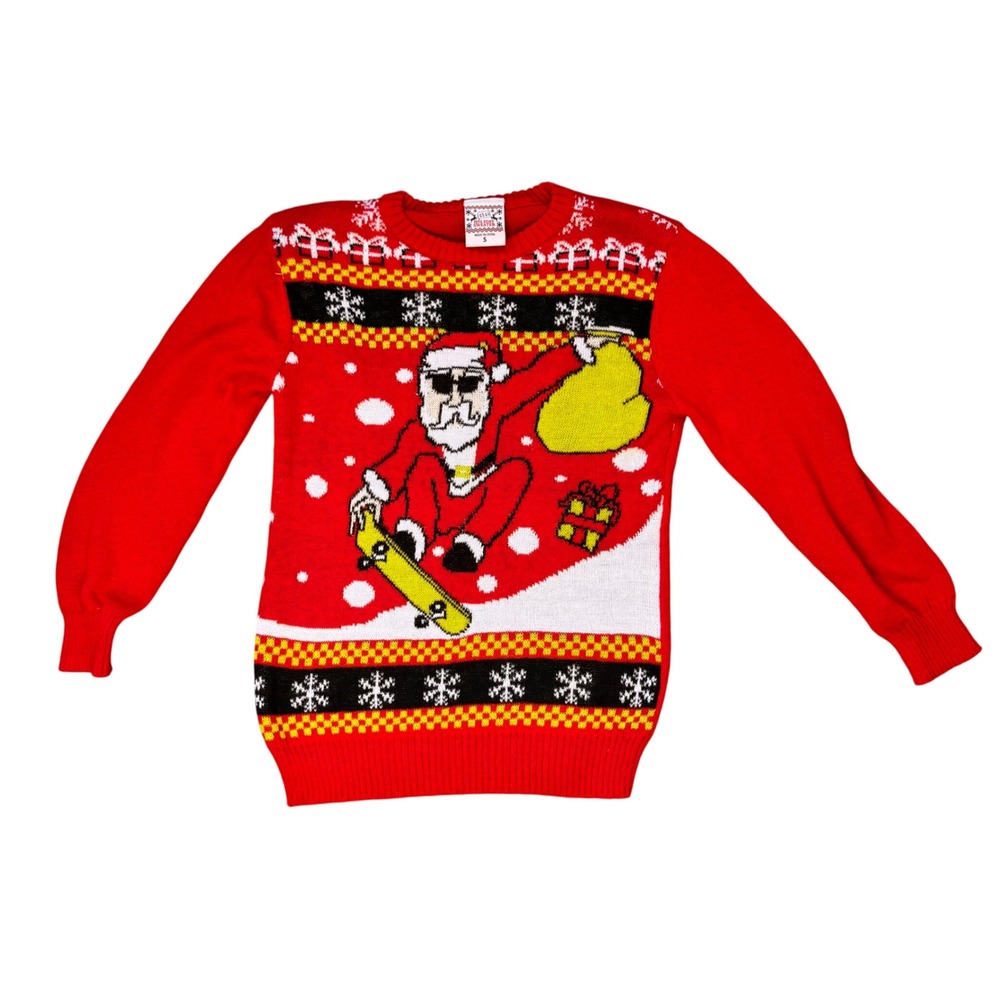 Kids Red Holiday‎ Sweater Skateboarding Santa Ugly Christmas Pullover Small